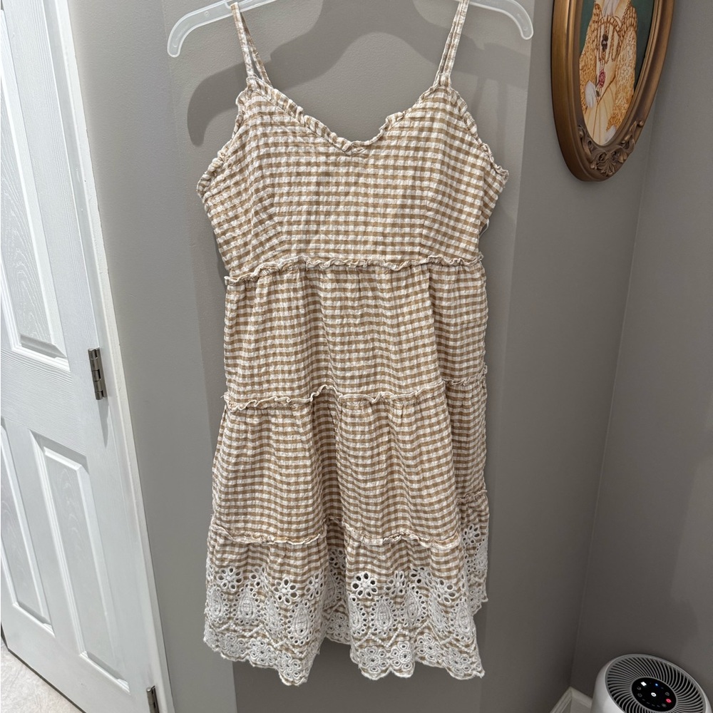 Jessica Simpson Tan and White Gingham Dress-XL